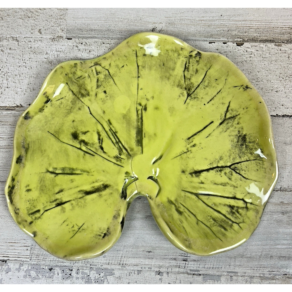 Studio Art Pottery Leaf Trinket Tray Signed MT Green Glaze Handmade Dish 7.5”
